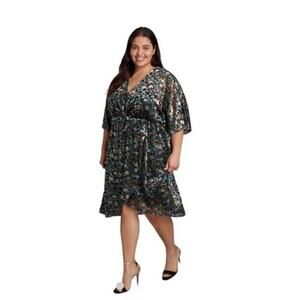 Modcloth Velvet Floral Dress XS Black Faux Wrap Burnout V Neck Knee Length New